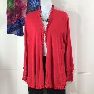Joseph A Red Knit ruffle edge cardigan Sweater with pearls XL